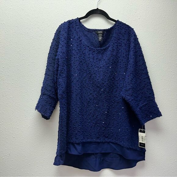 ALFANI Womens Royal Blue Glitter 3/4 Sleeve Crew Neck Sweater - Picture 2 of 10